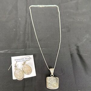 Sterling Silver Square Pendant and Matching Earrings Set 925